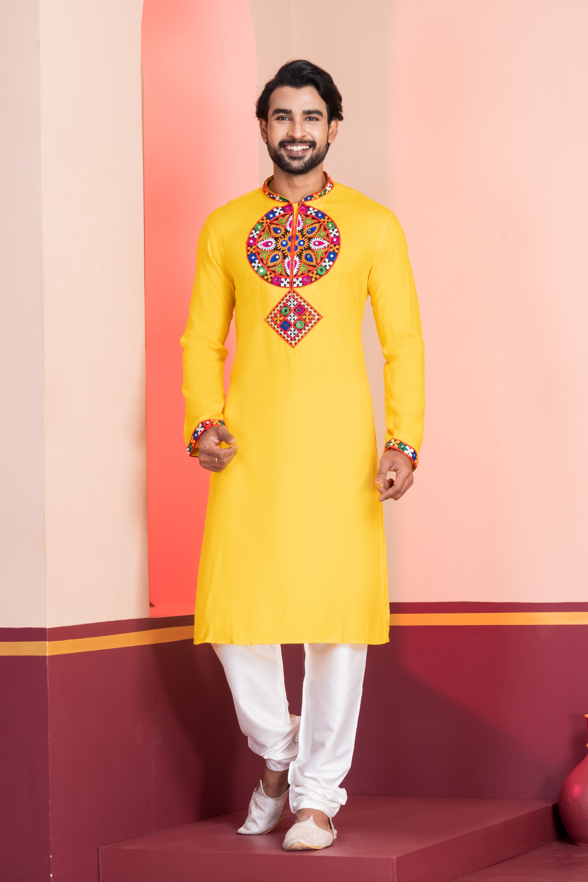 Yellow Geometric Embroidery Rayon Kurta Pyjama