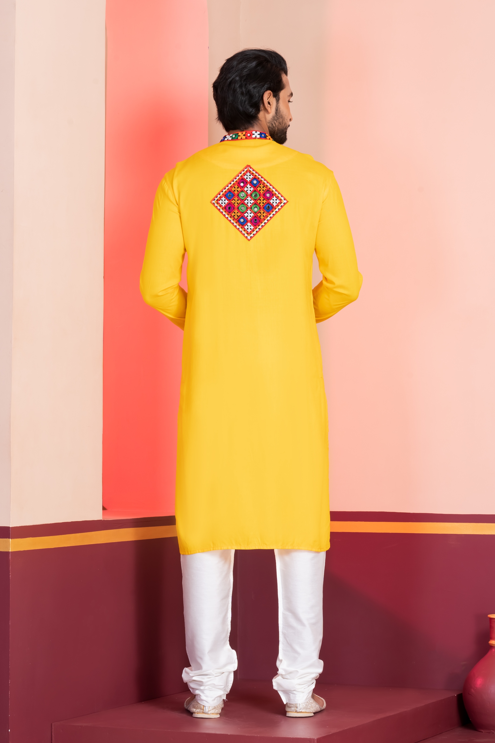 Yellow Geometric Embroidery Rayon Kurta Pyjama — alternate view