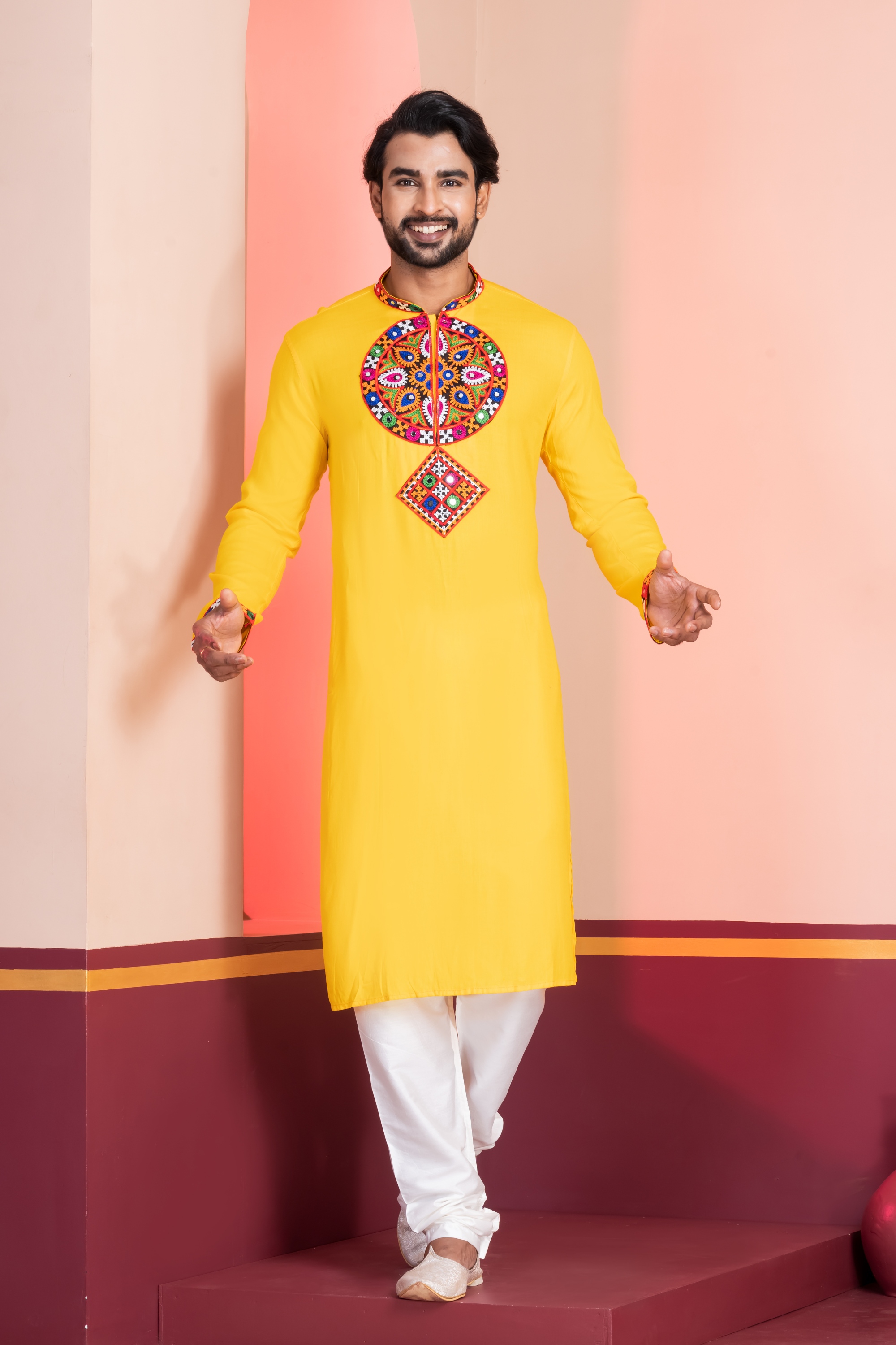 Yellow Geometric Embroidery Rayon Kurta Pyjama