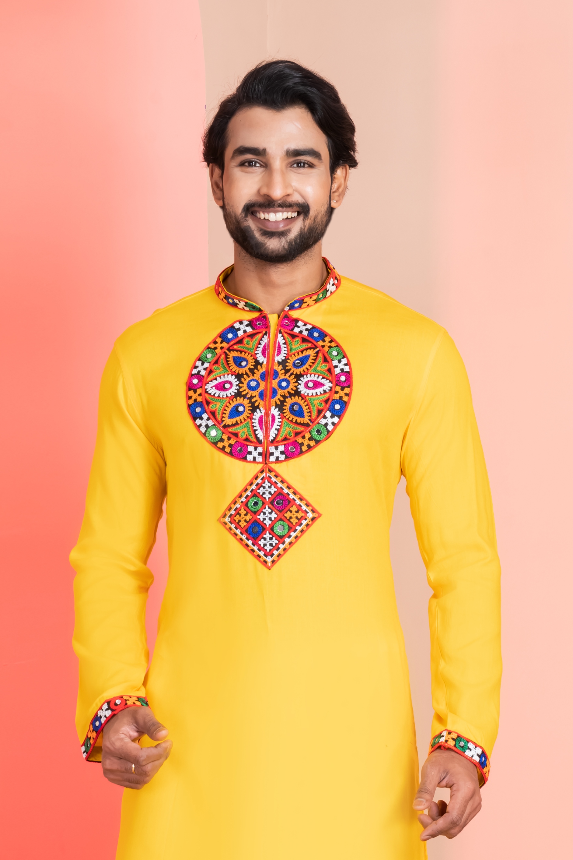 Yellow Geometric Embroidery Rayon Kurta Pyjama