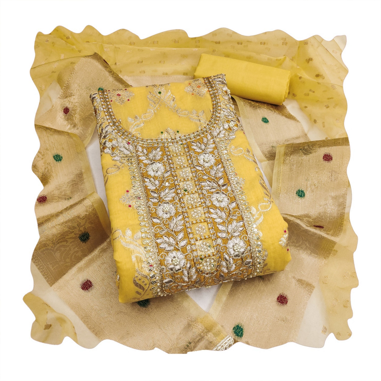 Yellow Geometric Handwork Banarasi Cotton Straight Suit — alternate view