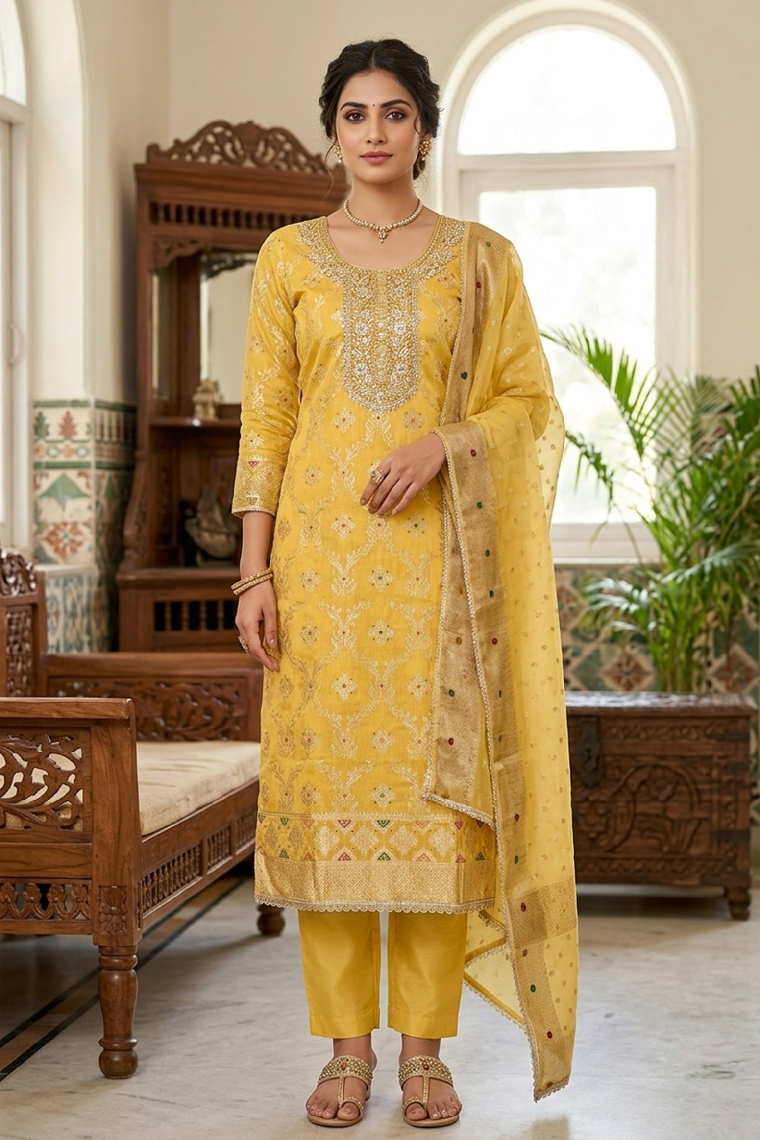 Yellow Geometric Handwork Banarasi Cotton Straight Suit