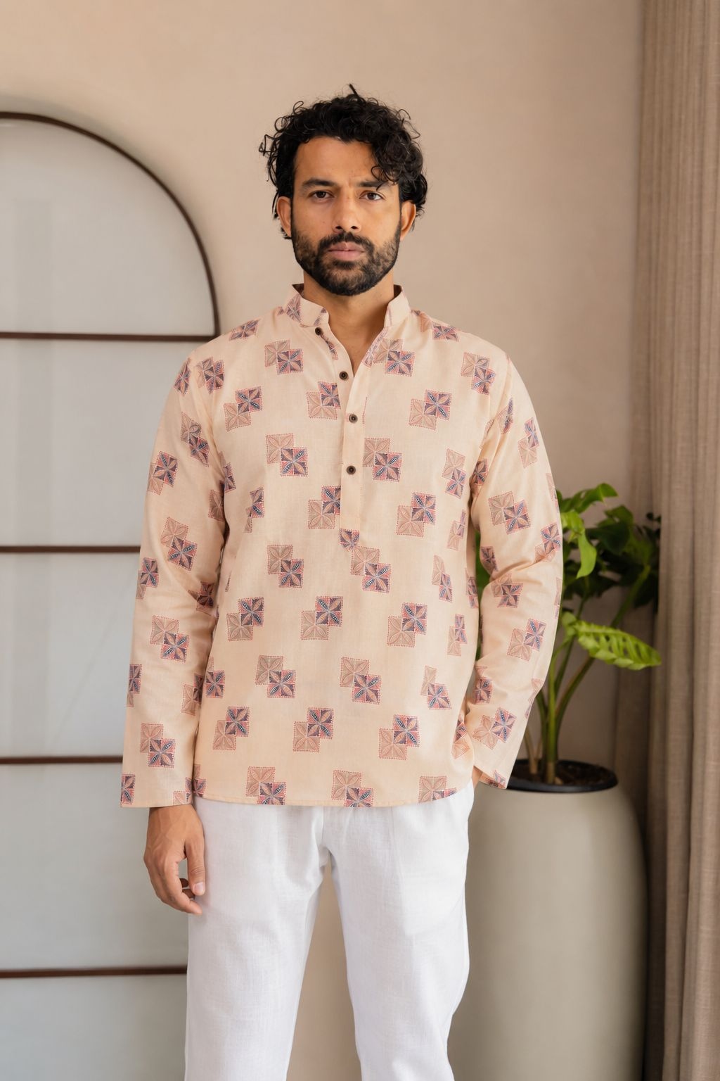 Yellow Geometric Motif Designer Printed Linen Short Kurta