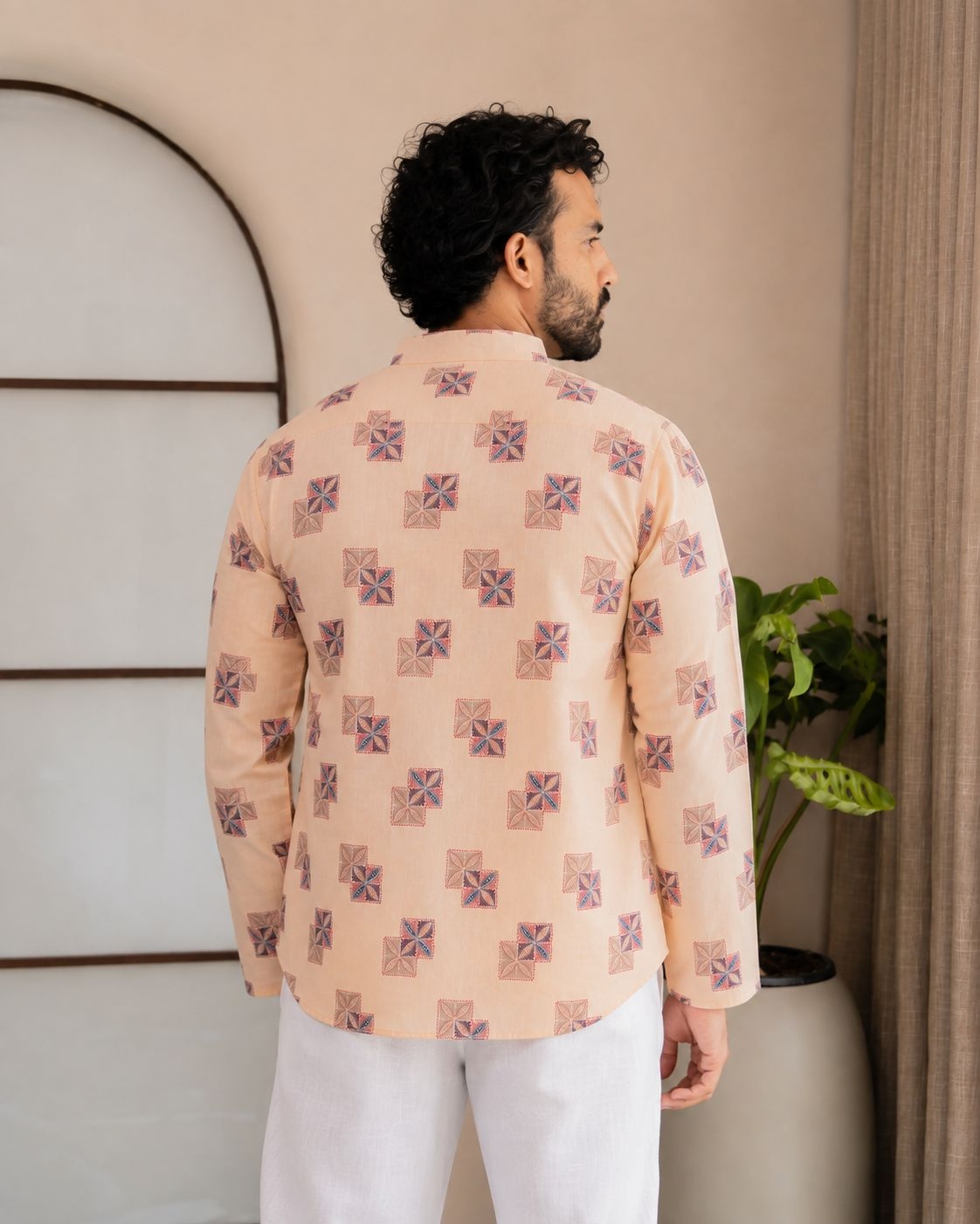 Yellow Geometric Motif Designer Printed Linen Short Kurta — alternate view