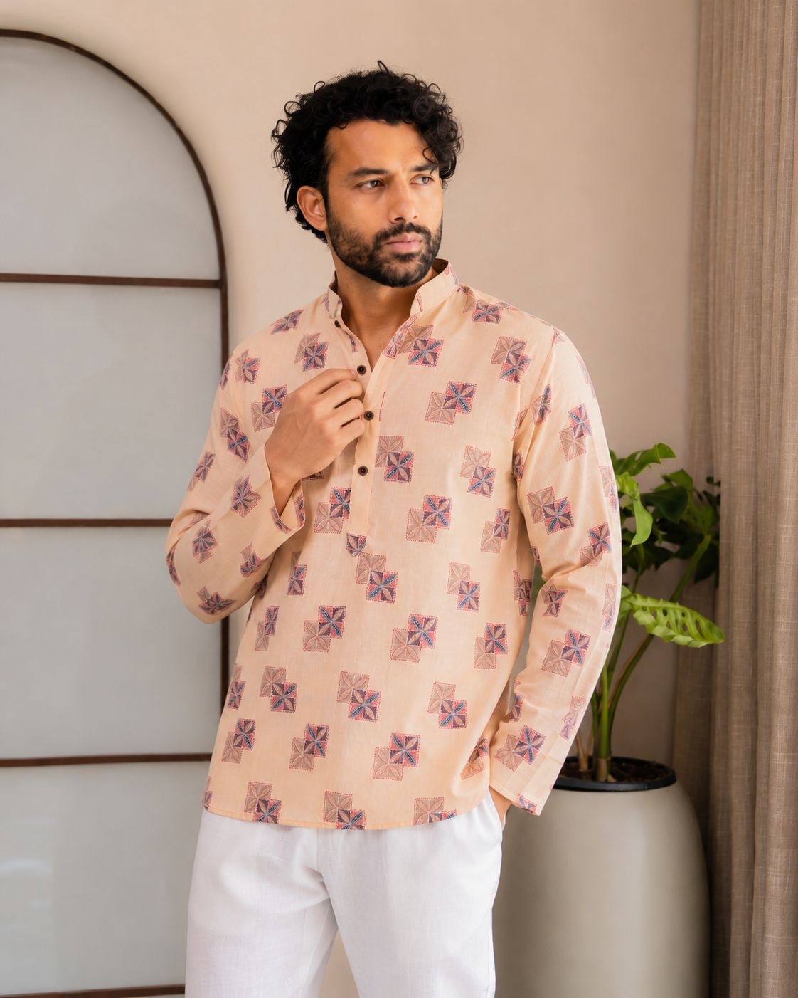 Yellow Geometric Motif Designer Printed Linen Short Kurta