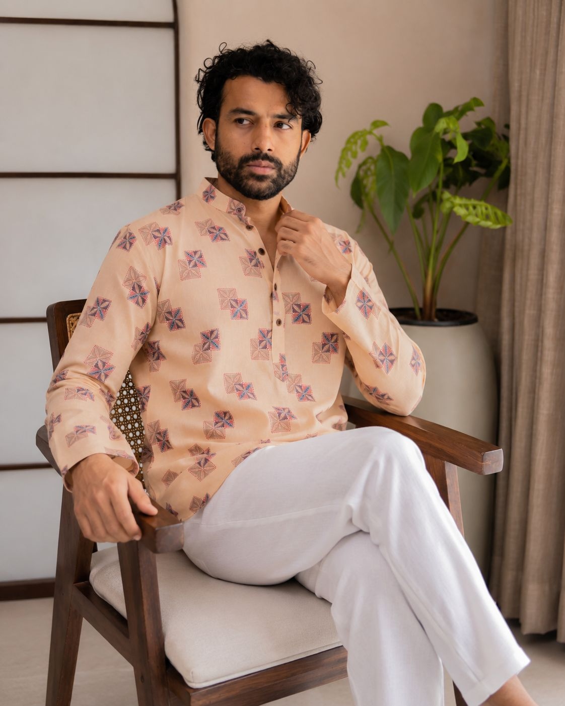 Yellow Geometric Motif Designer Printed Linen Short Kurta