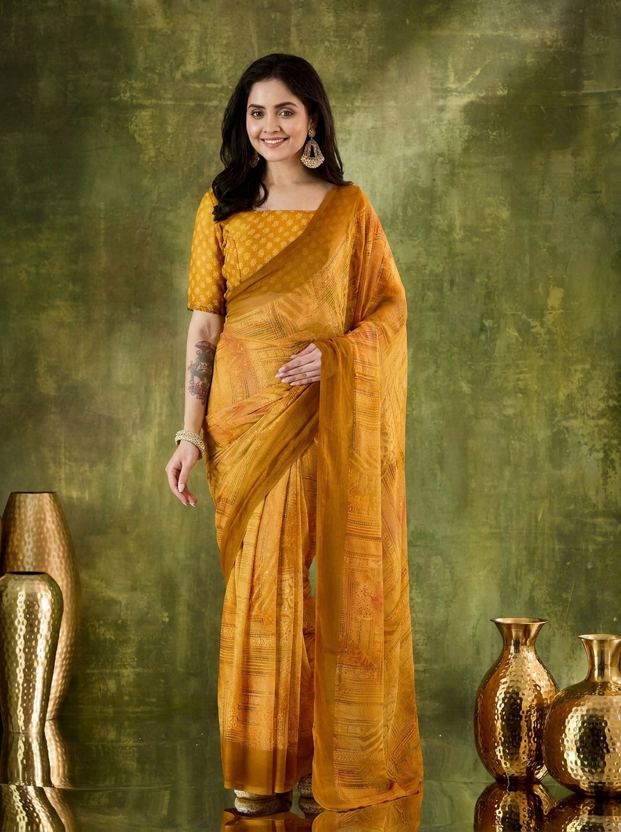 Yellow Geometric Printed Chiffon Ready To Wear Saree
