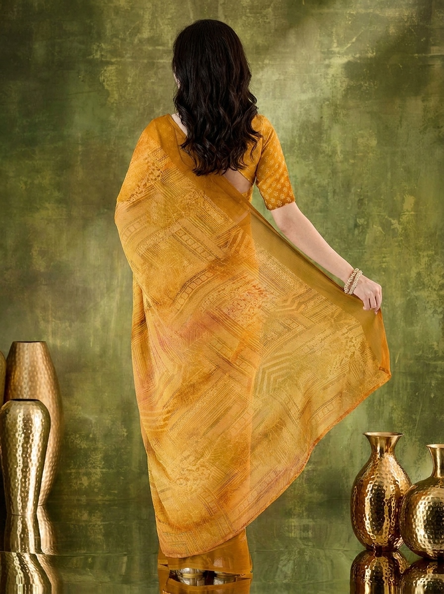Yellow Geometric Printed Chiffon Ready To Wear Saree — alternate view