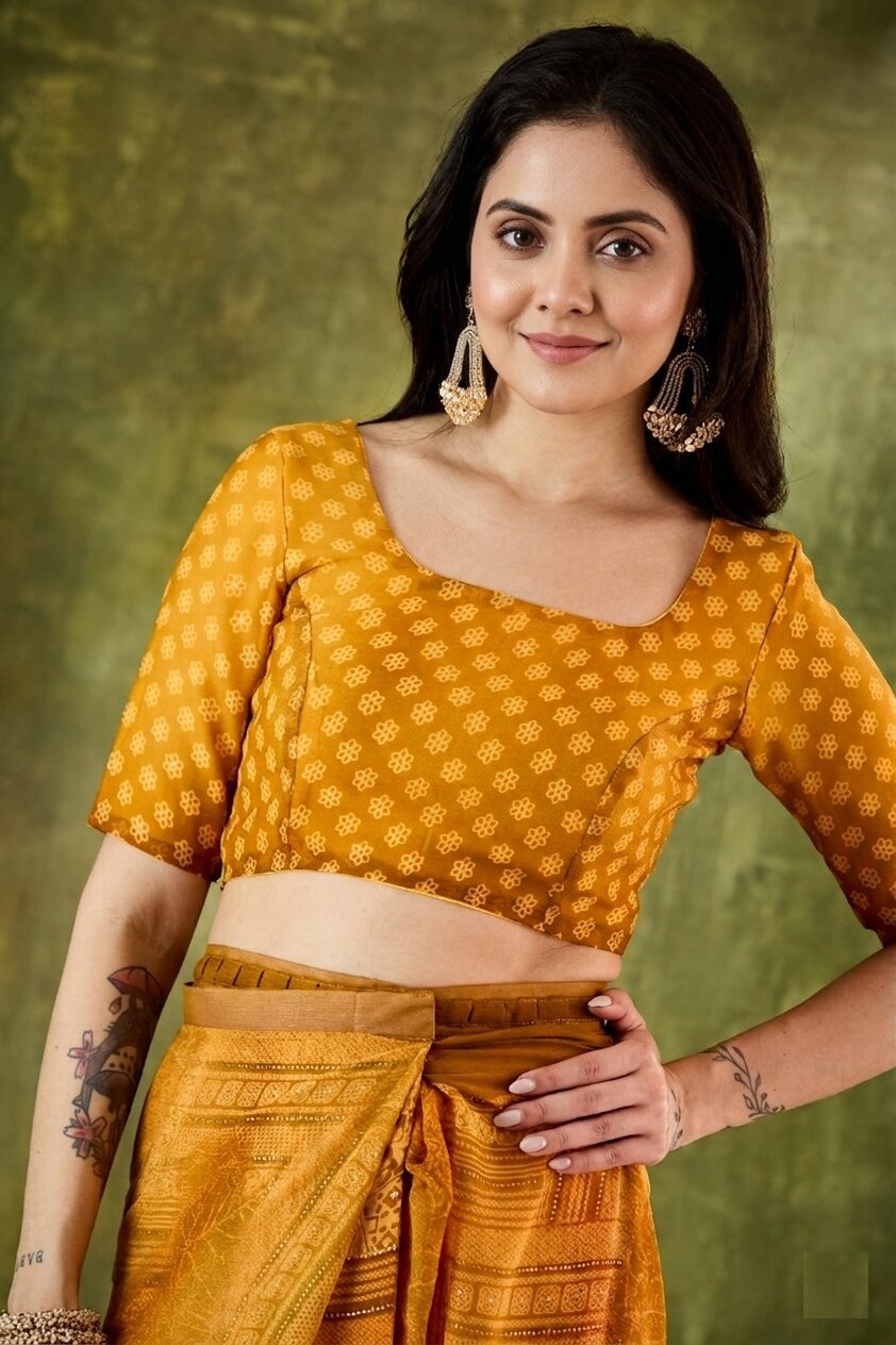 Yellow Geometric Printed Chiffon Ready To Wear Saree