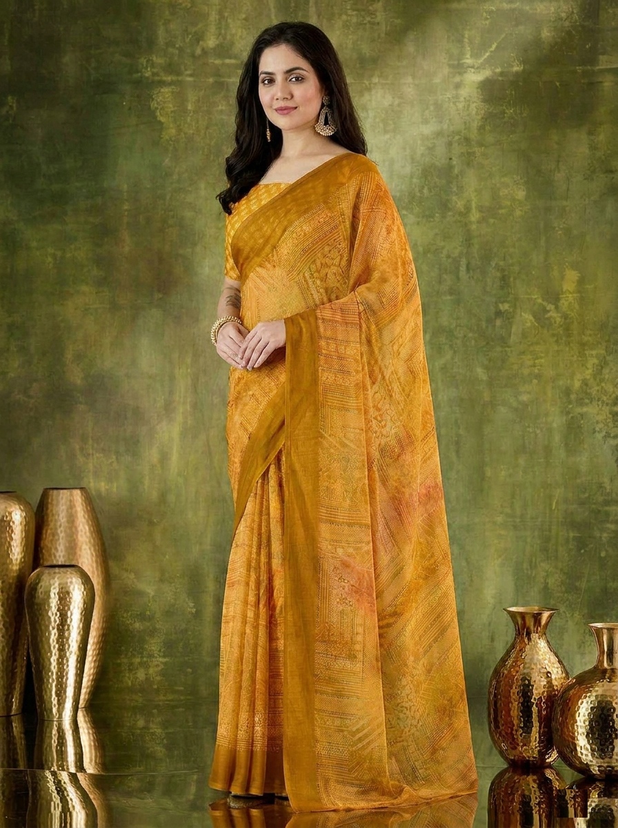 Yellow Geometric Printed Chiffon Ready To Wear Saree