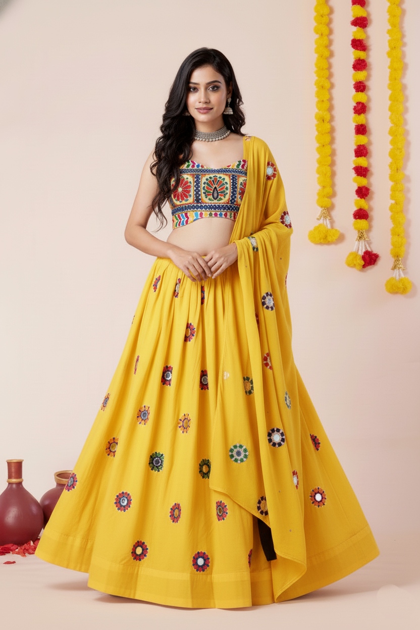 Yellow Geometric Thread Embroidery Rayon Umbrella Lehenga Choli