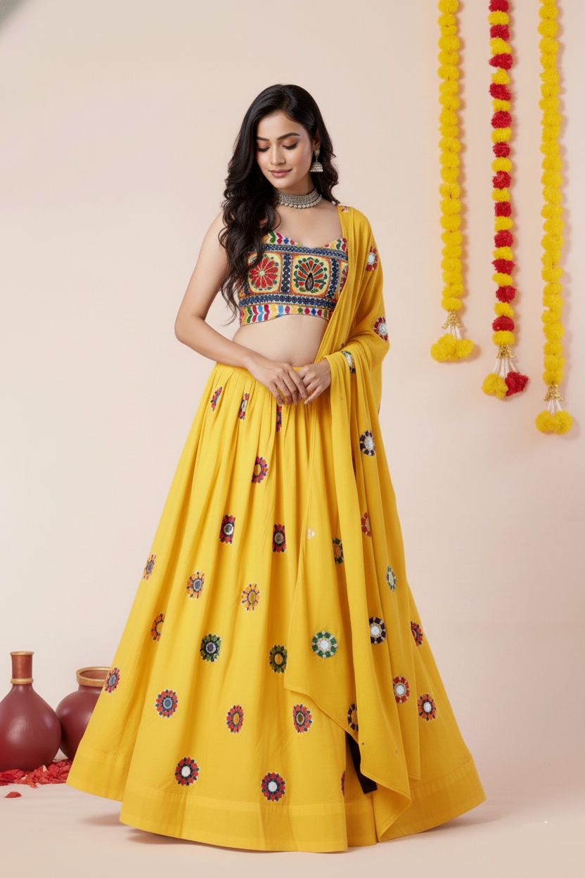 Yellow Geometric Thread Embroidery Rayon Umbrella Lehenga Choli — alternate view