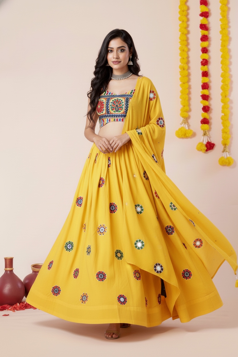 Yellow Geometric Thread Embroidery Rayon Umbrella Lehenga Choli