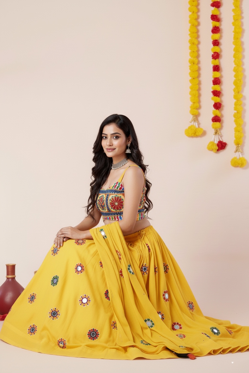 Yellow Geometric Thread Embroidery Rayon Umbrella Lehenga Choli
