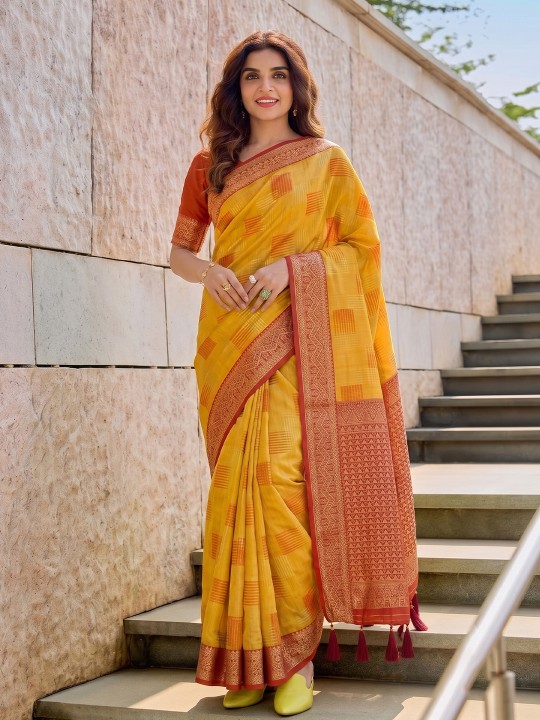 Yellow Geometric Woven Designer Linen Cotton Saree