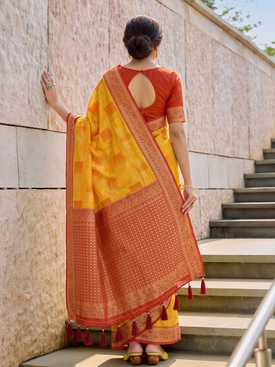 Yellow Geometric Woven Designer Linen Cotton Saree — alternate view
