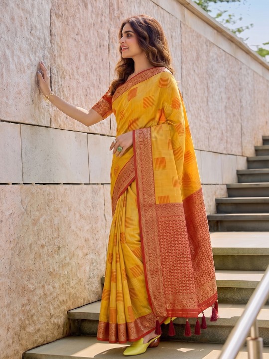 Yellow Geometric Woven Designer Linen Cotton Saree