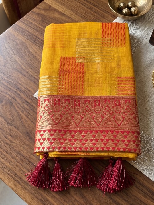 Yellow Geometric Woven Designer Linen Cotton Saree