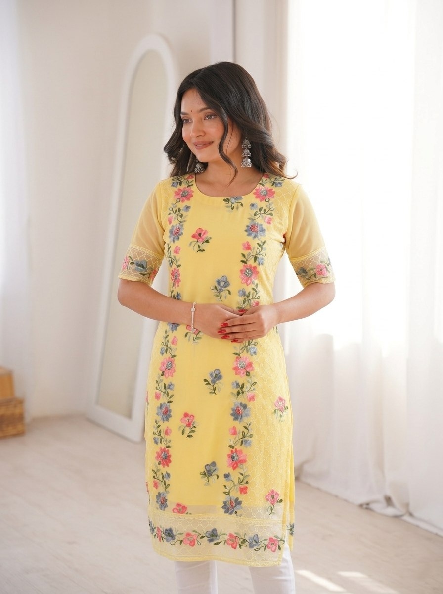 Yellow Georgette Chikankari Kurti — alternate view
