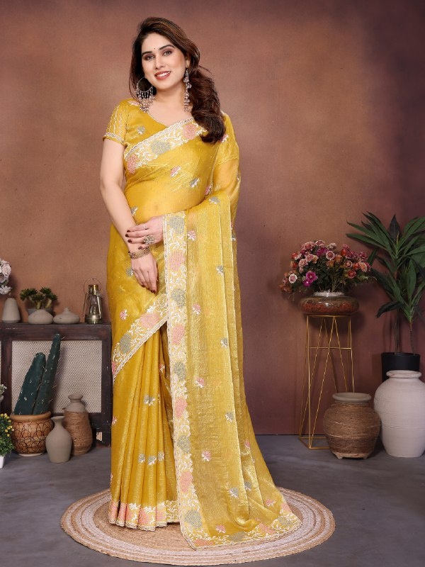 Yellow Georgette Cutwork Embroidered Fluid Saree