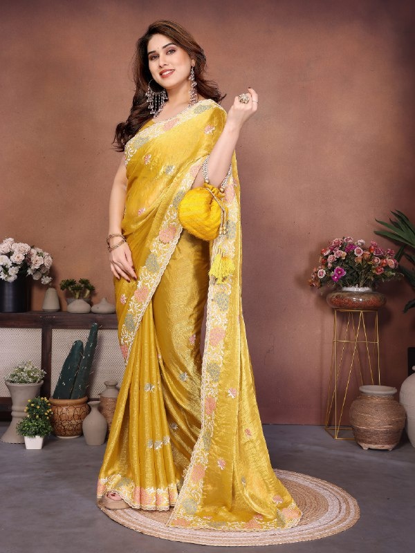 Yellow Georgette Cutwork Embroidered Fluid Saree — alternate view