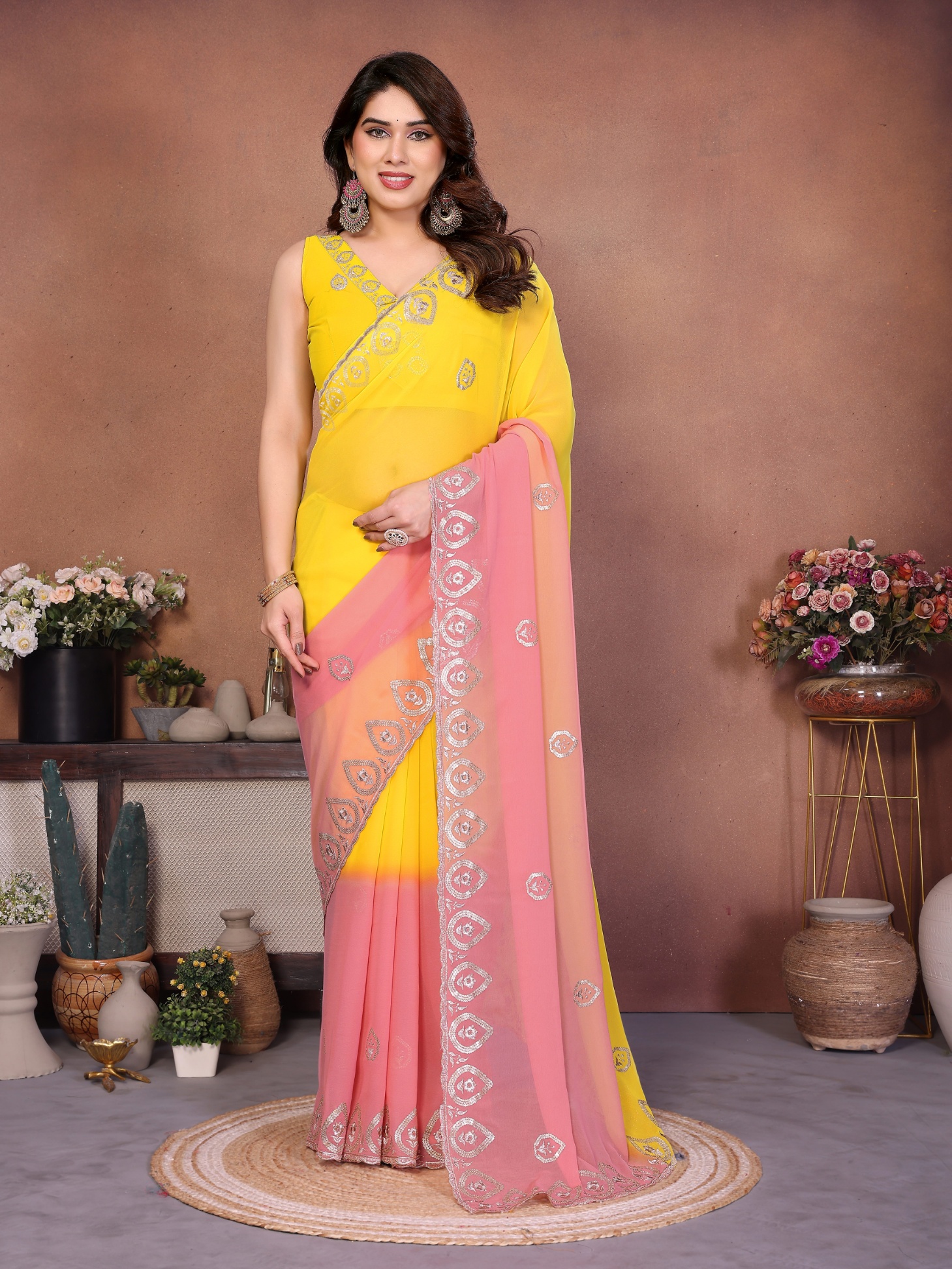 Yellow Georgette Embroidered Ombre Contrast Saree