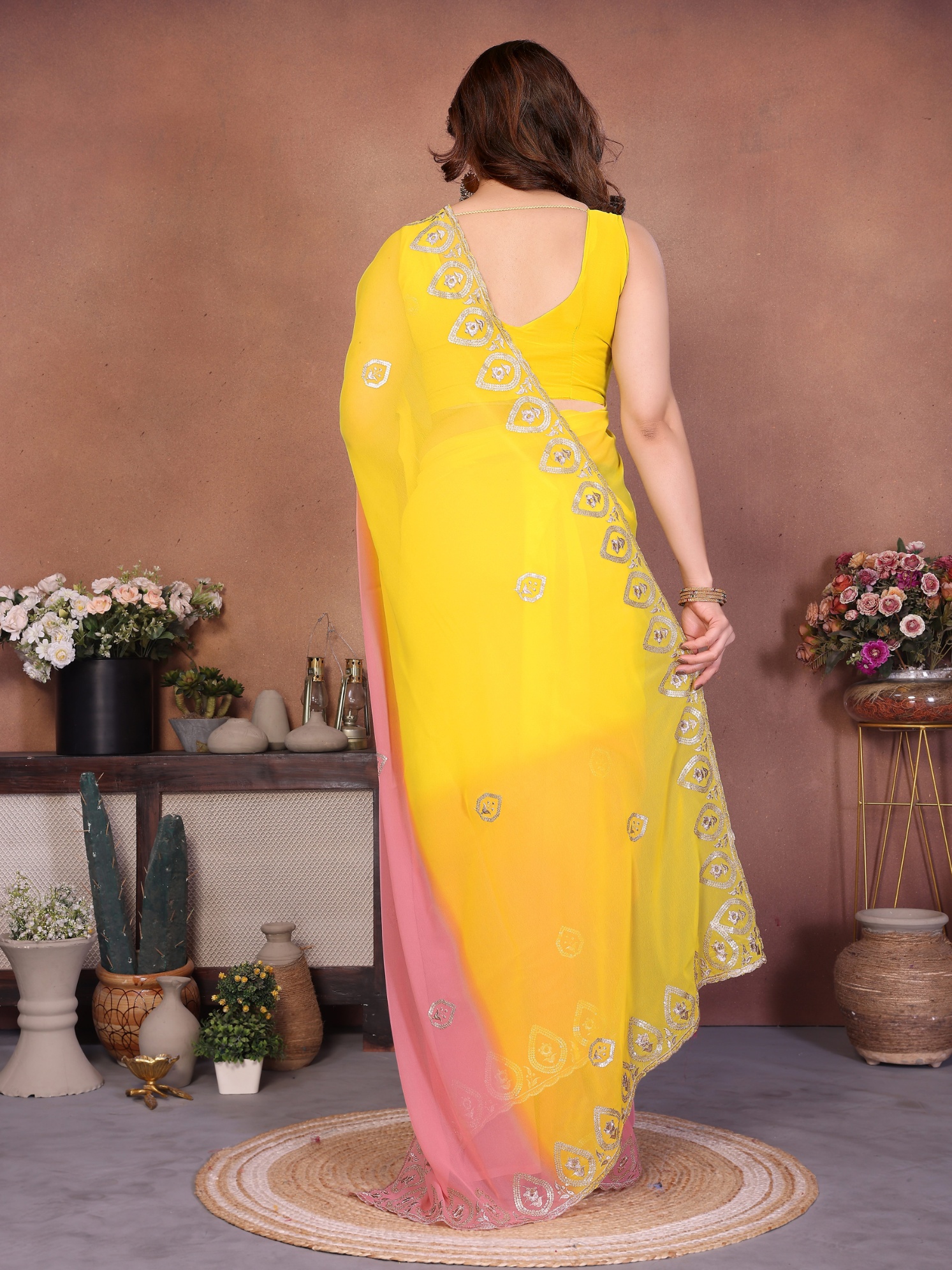 Yellow Georgette Embroidered Ombre Contrast Saree — alternate view