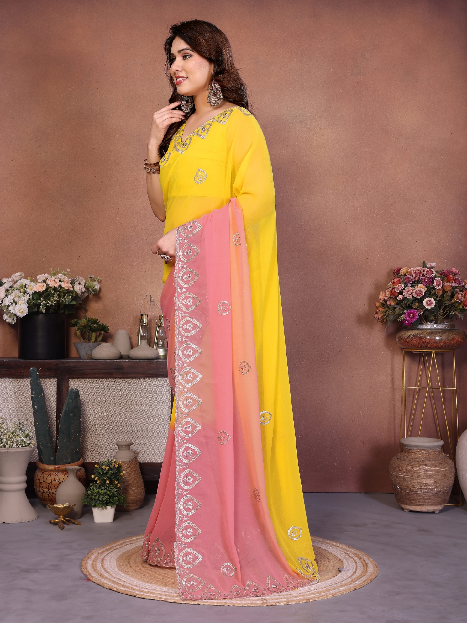 Yellow Georgette Embroidered Ombre Contrast Saree