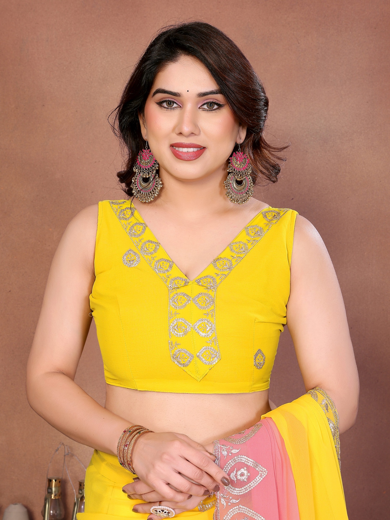 Yellow Georgette Embroidered Ombre Contrast Saree