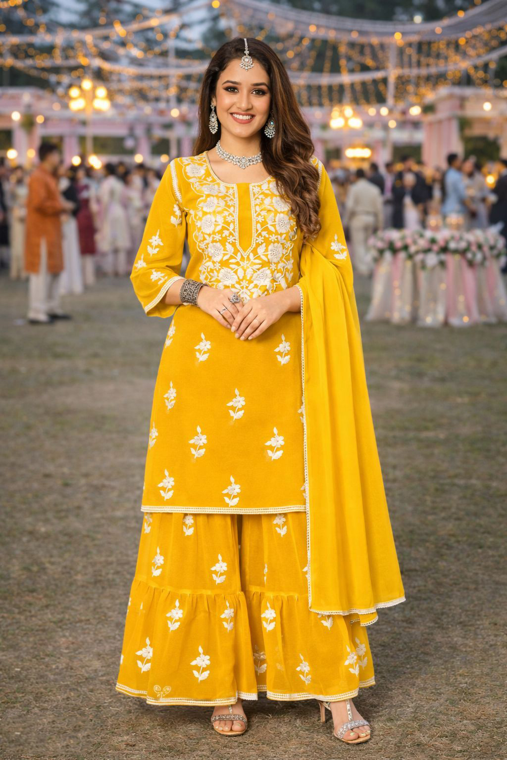 Yellow Georgette Embroidered Palazzo Suit