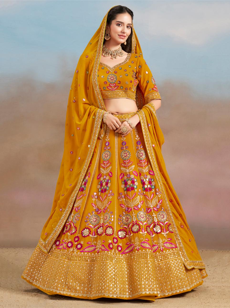 Yellow Georgette Festive Lehenga