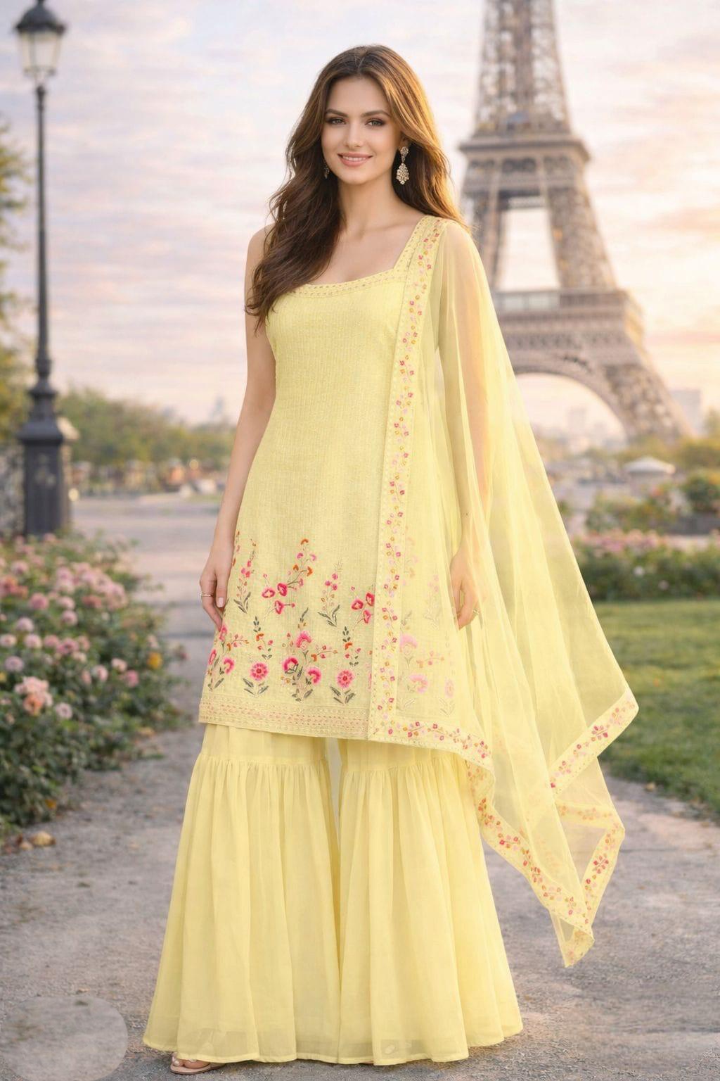 Yellow Georgette Floral Embroidered Sharara Suit