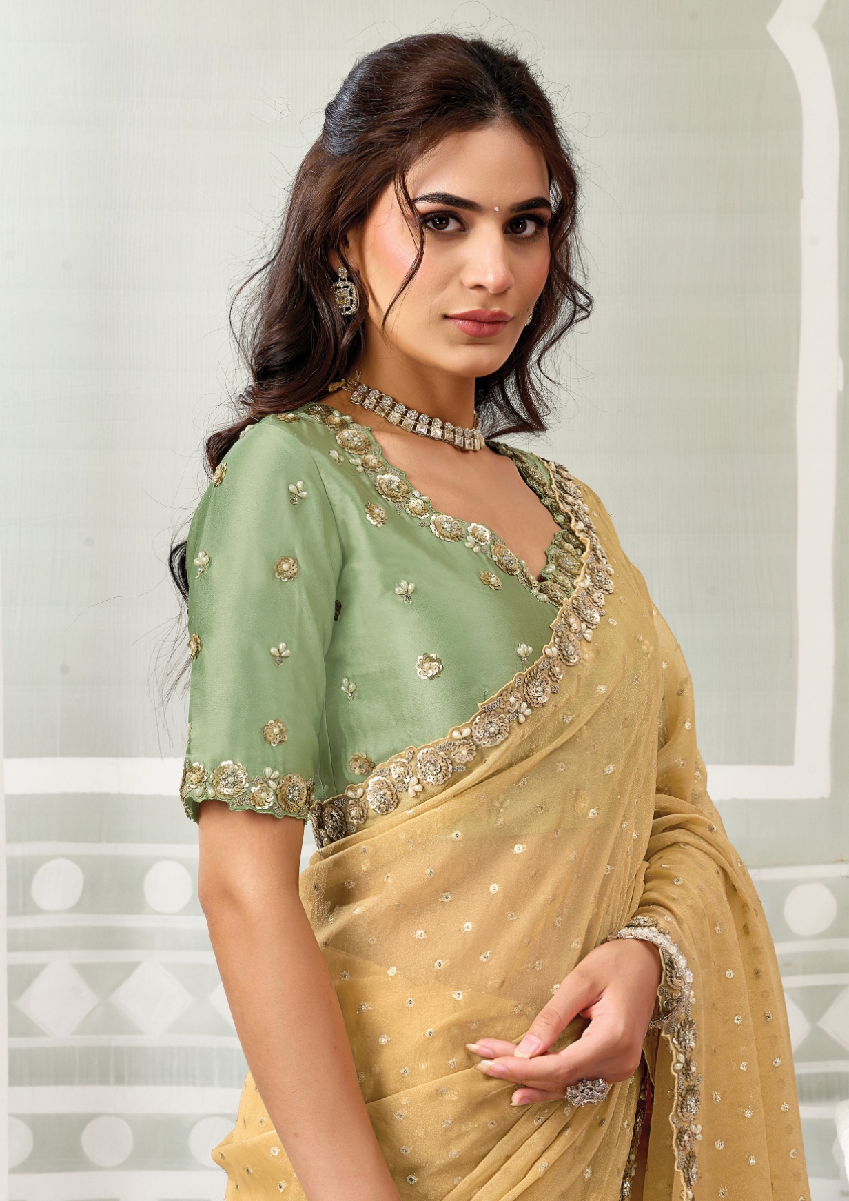 Yellow Georgette Jacquard Silk Embroidered Saree — alternate view