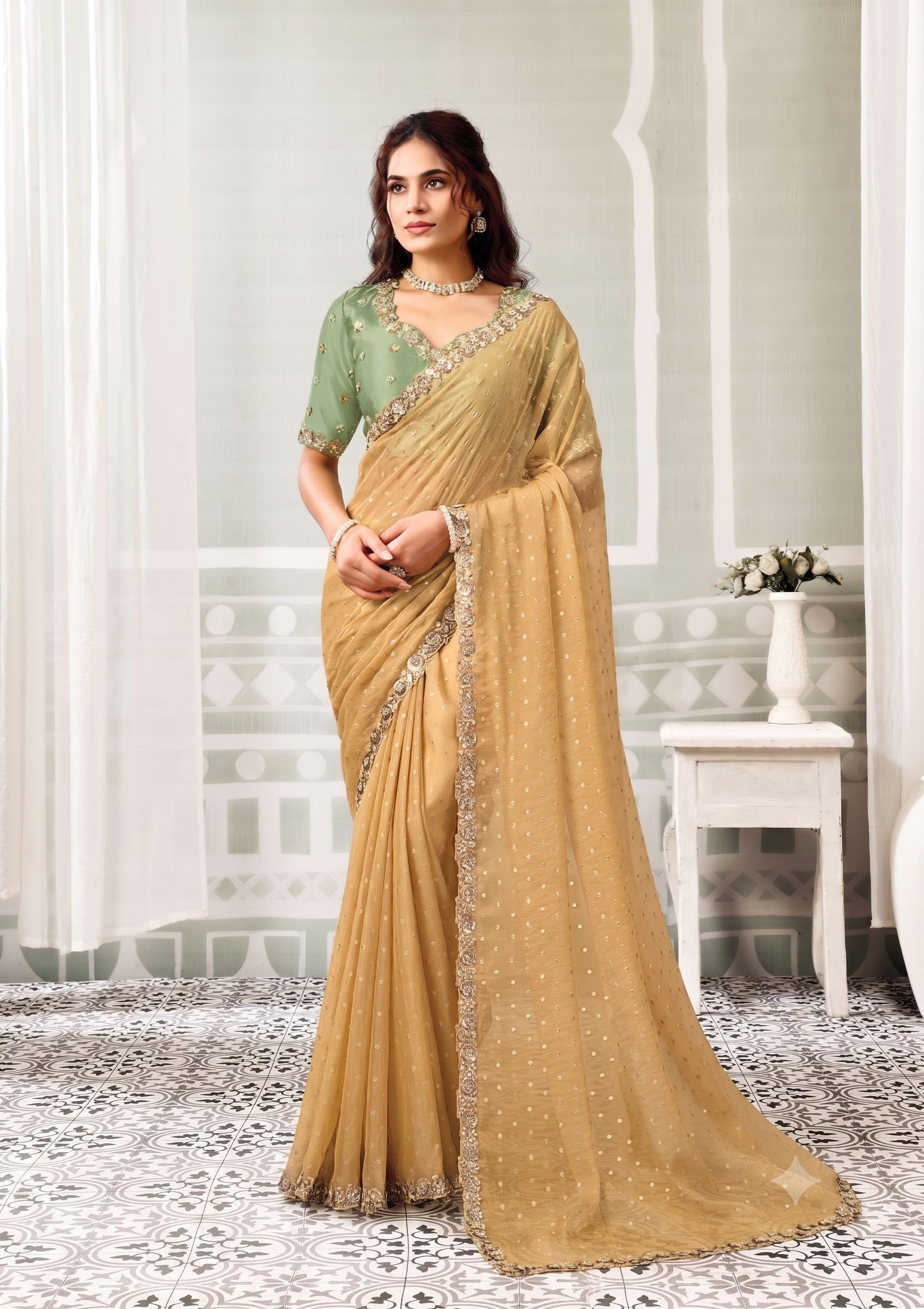 Yellow Georgette Jacquard Silk Embroidered Saree