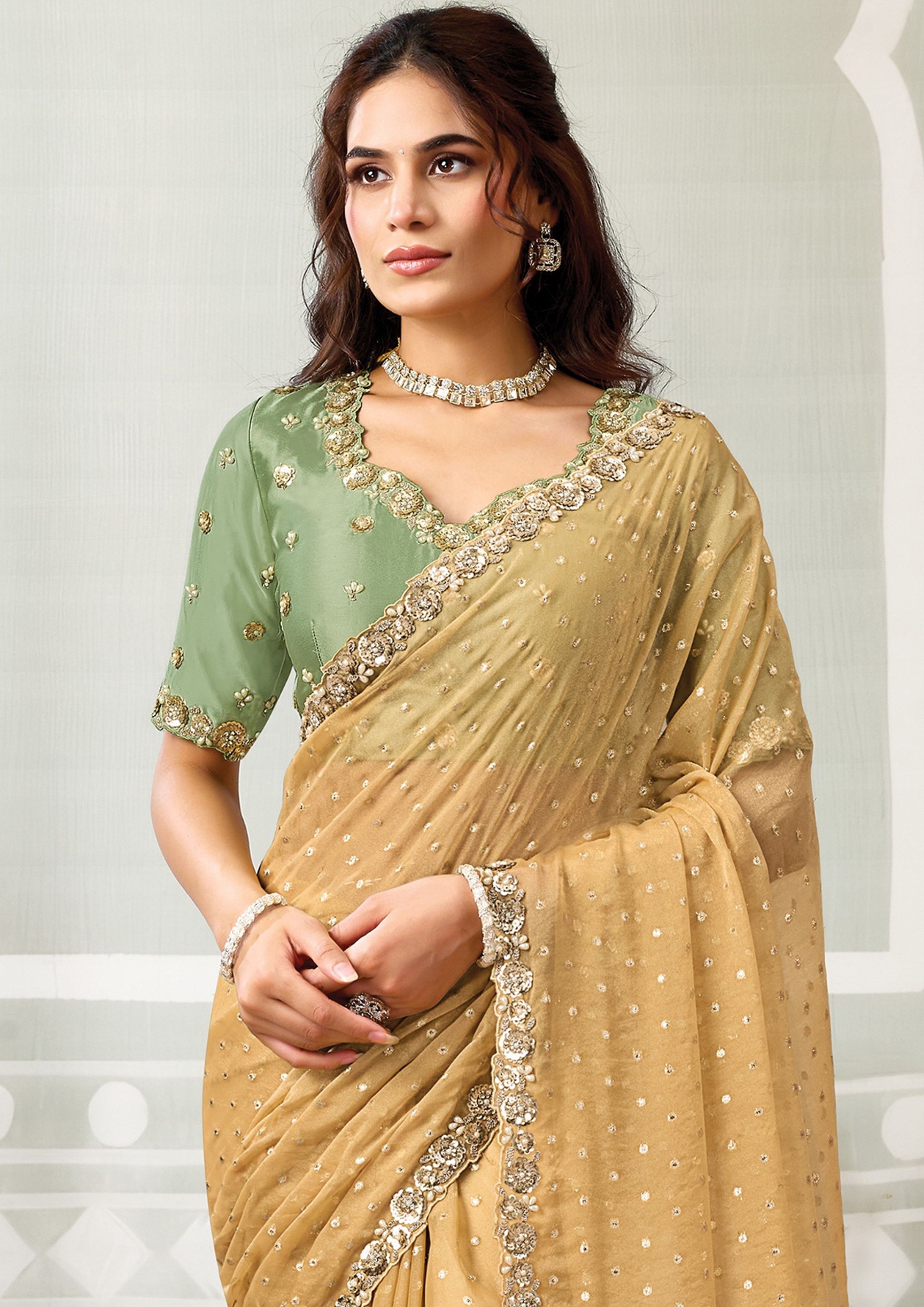 Yellow Georgette Jacquard Silk Embroidered Saree