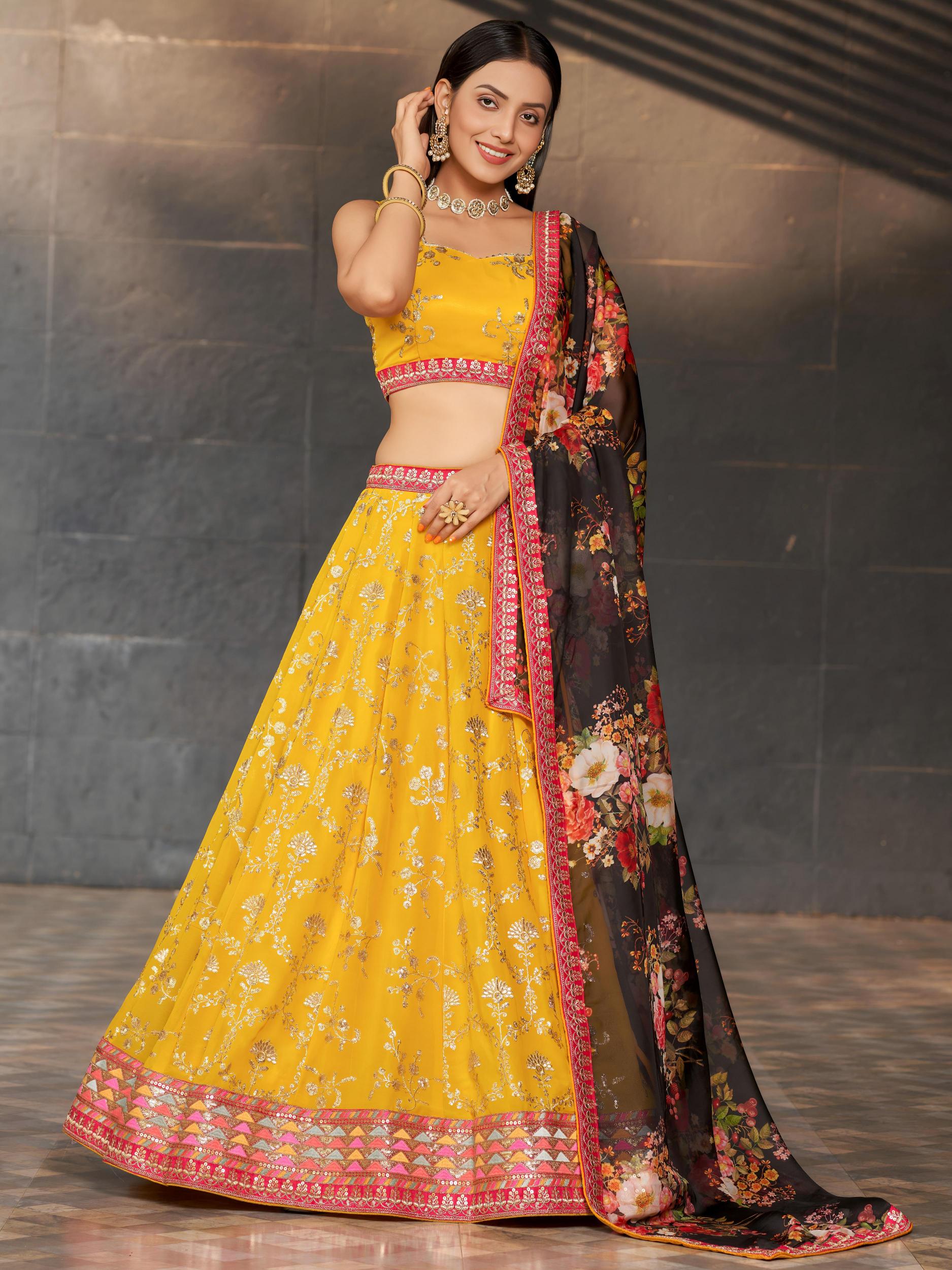 Yellow Georgette Sequins Embroidered Lehenga Choli
