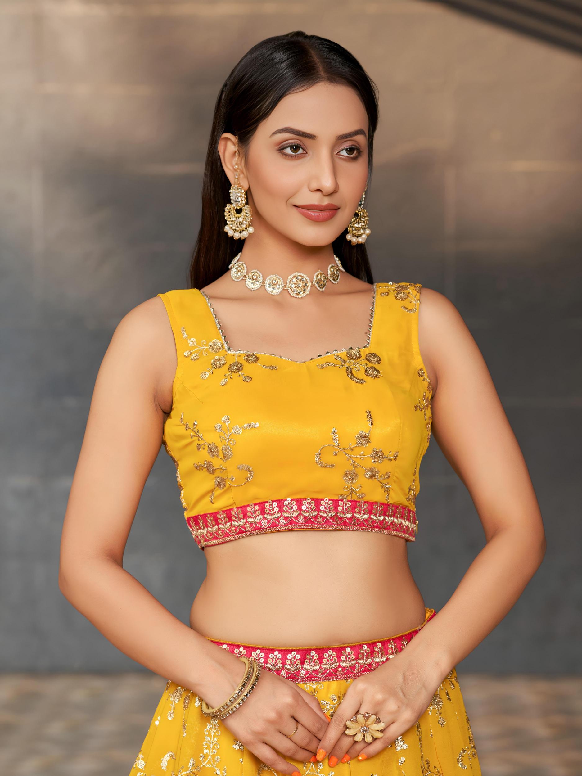 Yellow Georgette Sequins Embroidered Lehenga Choli