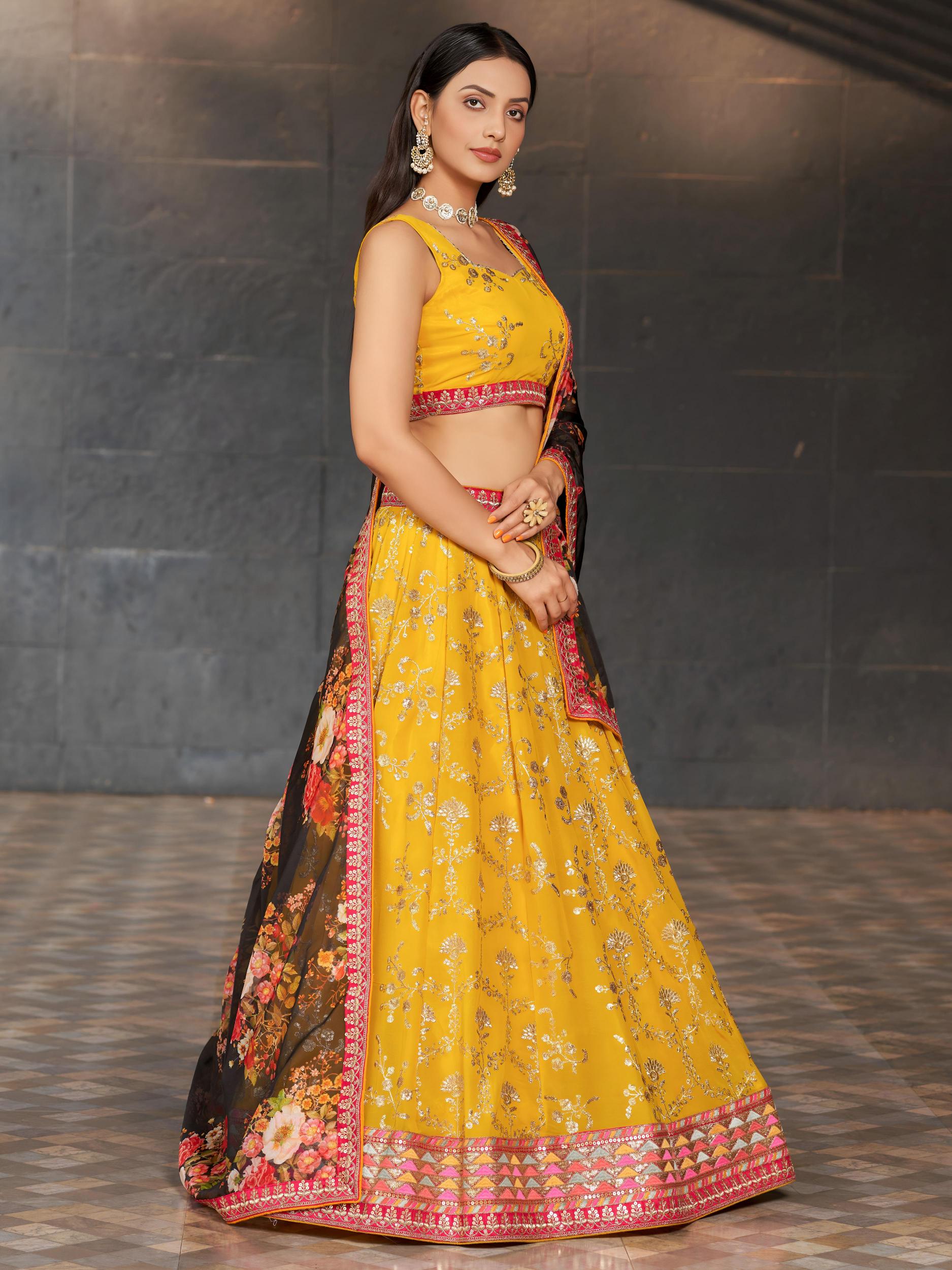 Yellow Georgette Sequins Embroidered Lehenga Choli