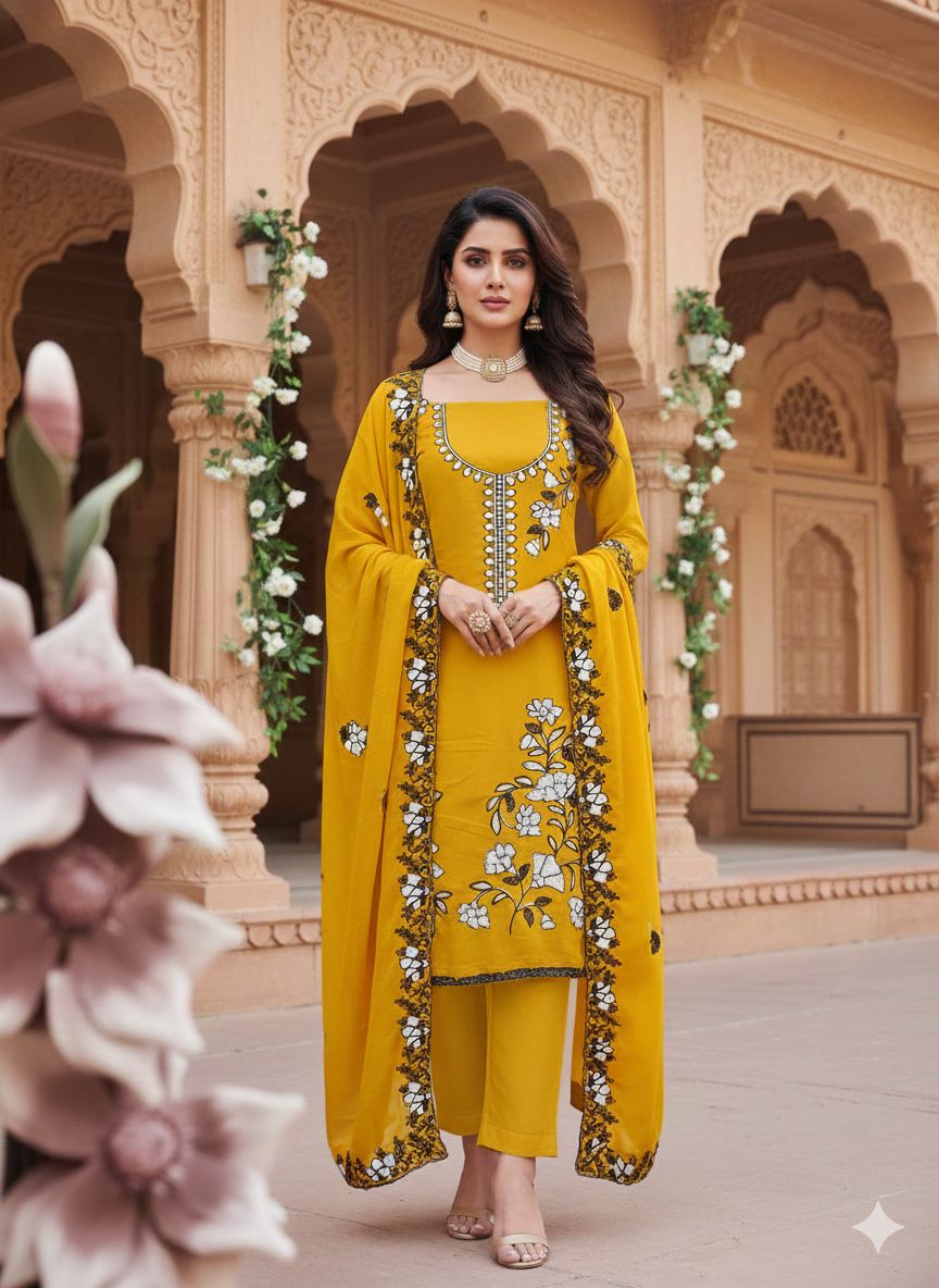 Yellow Georgette Swarovski Embroidered Salwar Suit