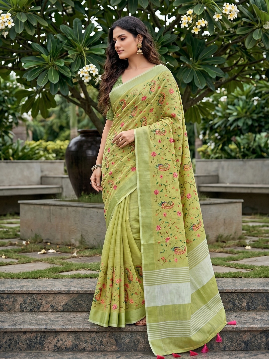 Yellow Green Floral Embroidered Linen Saree