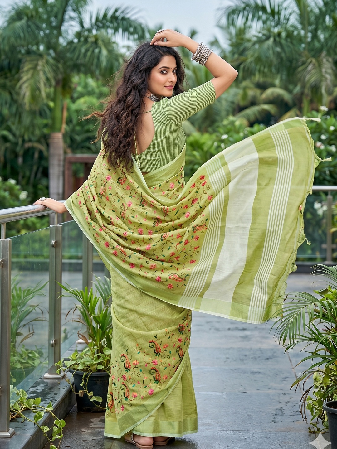 Yellow Green Floral Embroidered Linen Saree — alternate view