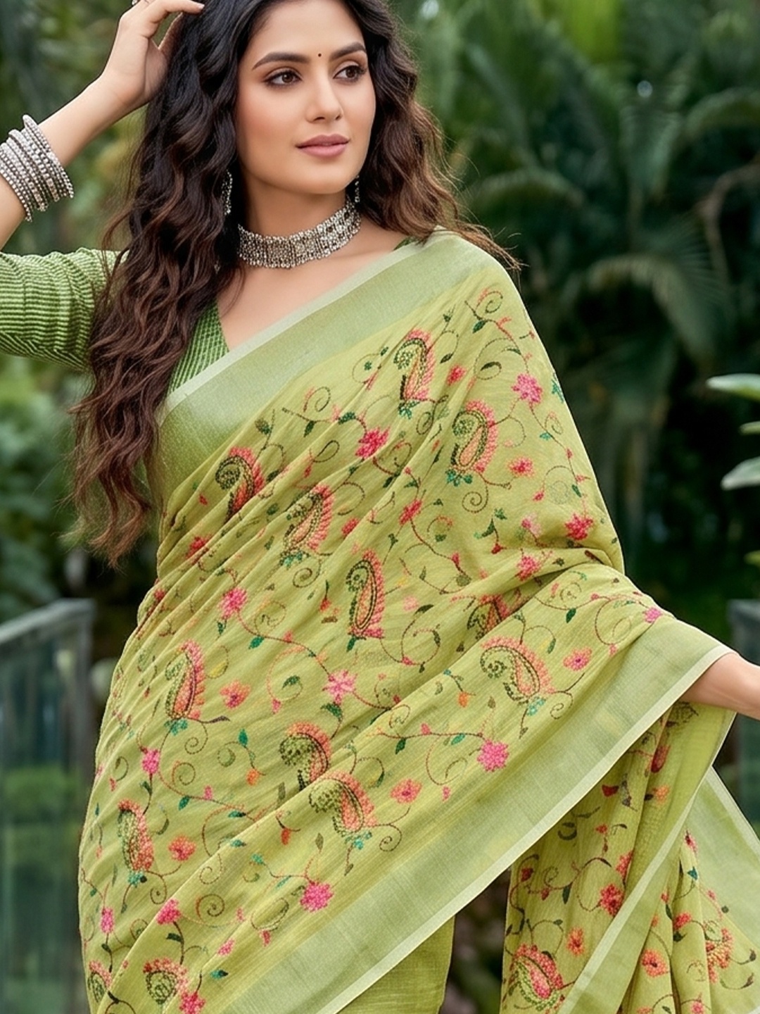 Yellow Green Floral Embroidered Linen Saree