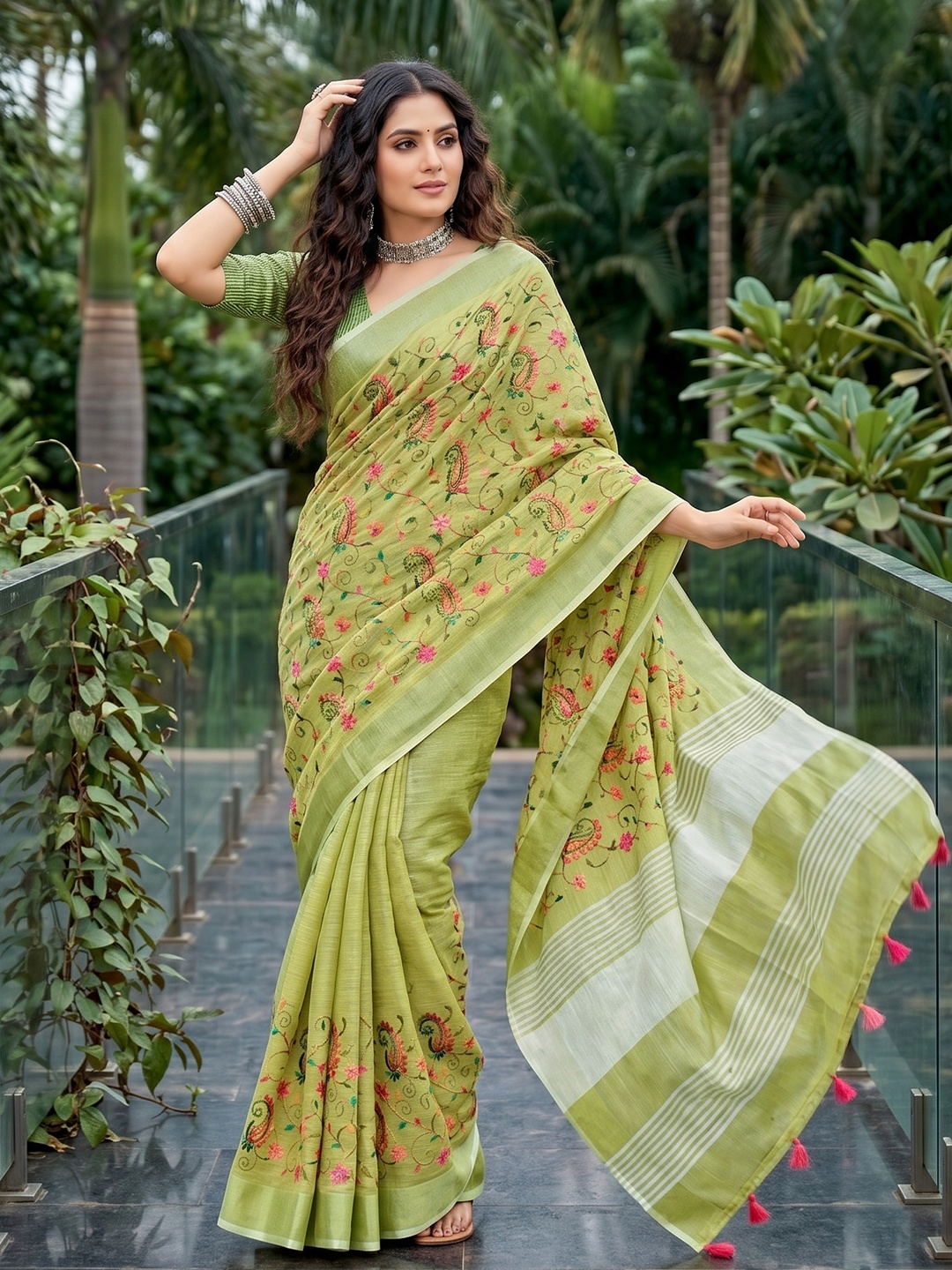 Yellow Green Floral Embroidered Linen Saree