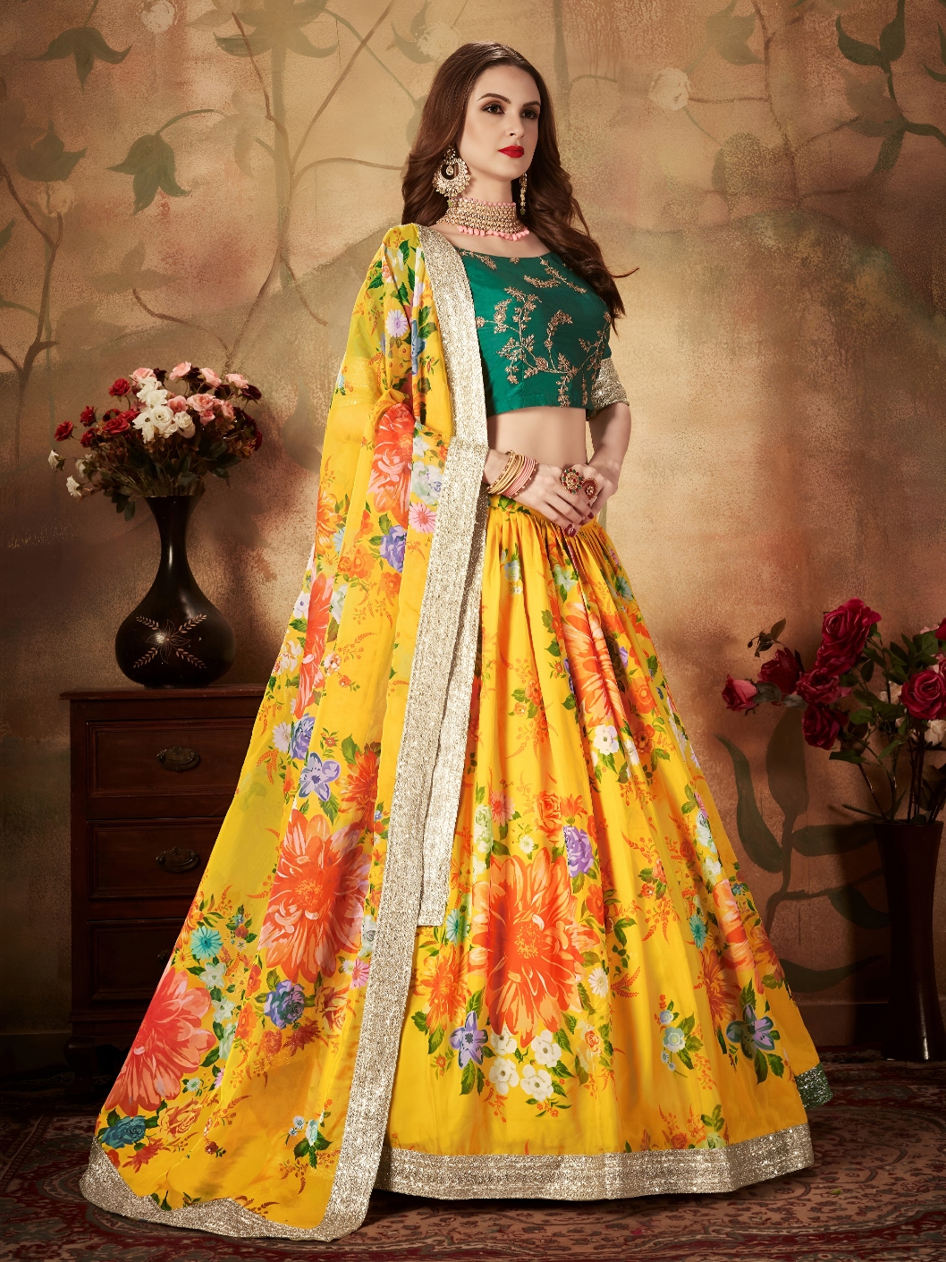 Yellow Green Floral Organza Lehenga Choli