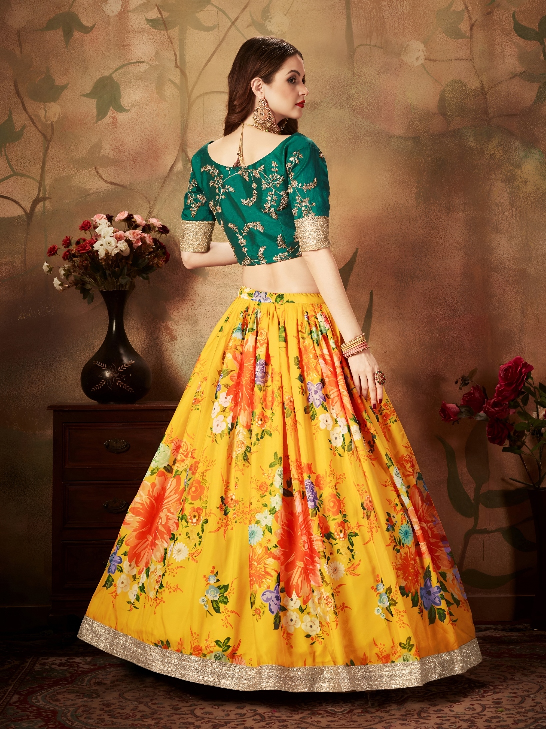 Yellow Green Floral Organza Lehenga Choli — alternate view