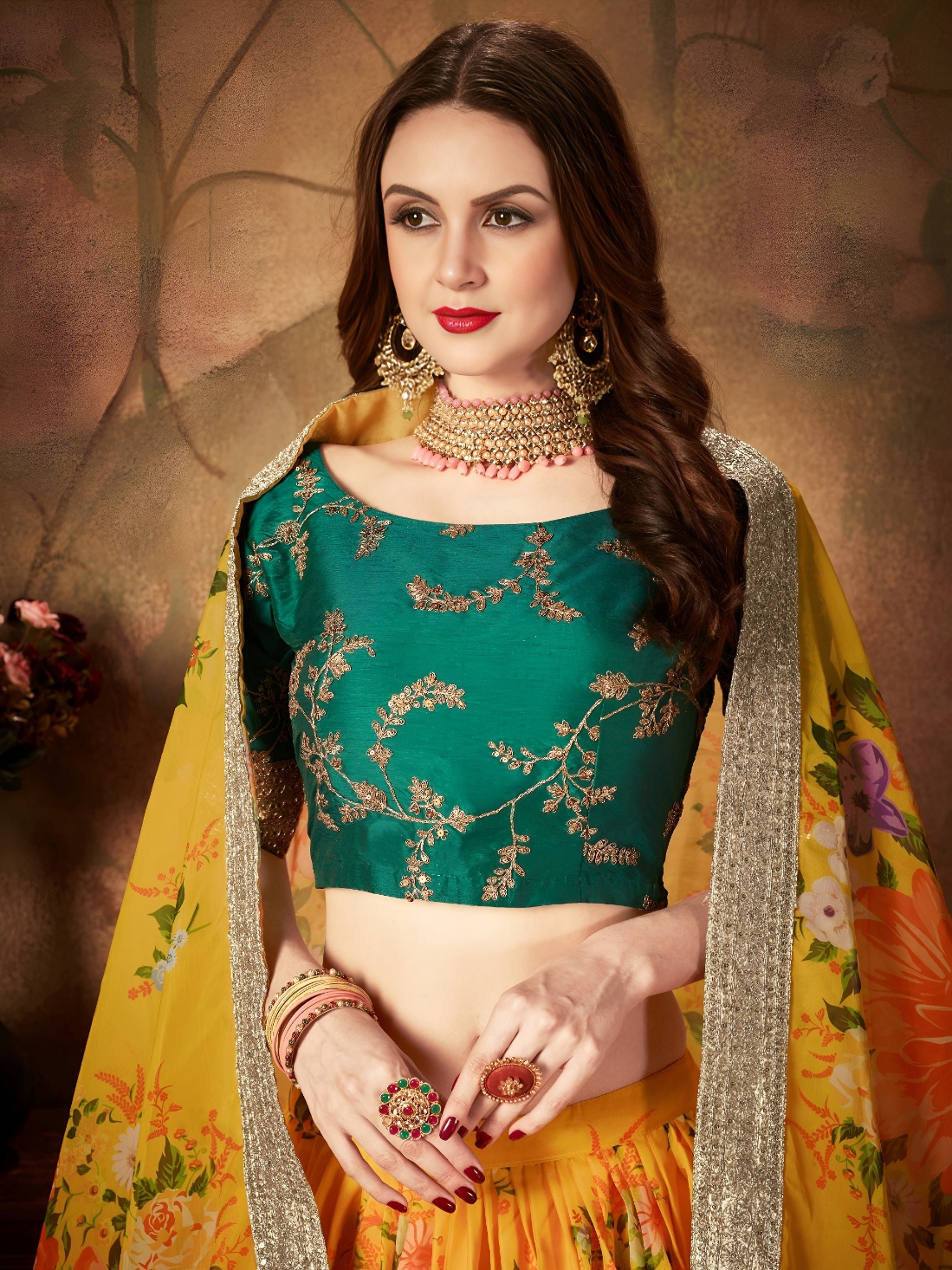 Yellow Green Floral Organza Lehenga Choli