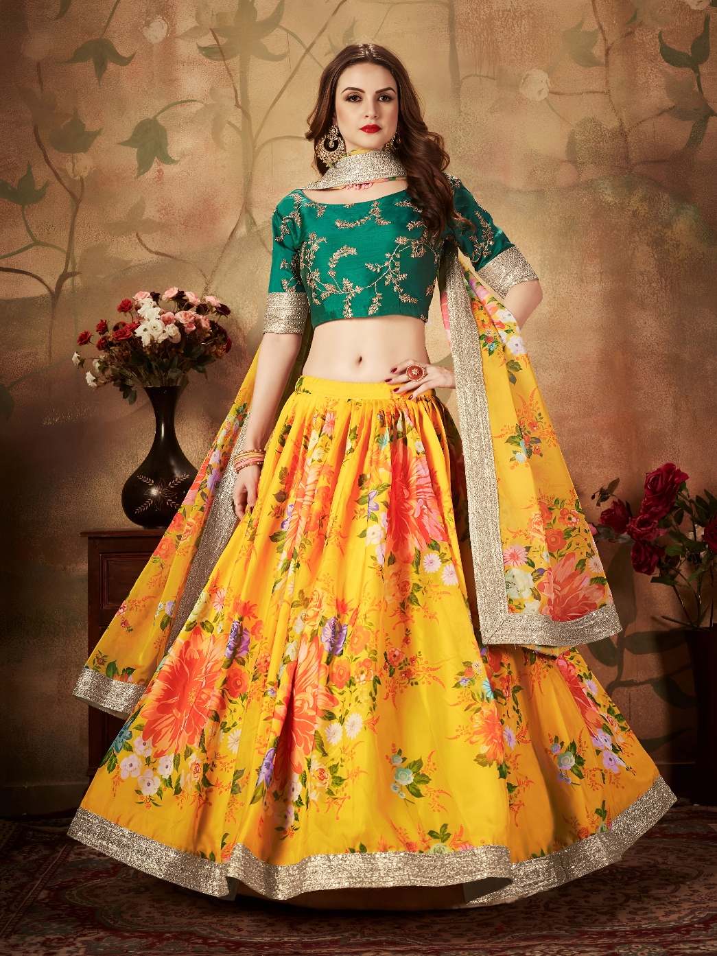 Yellow Green Floral Organza Lehenga Choli