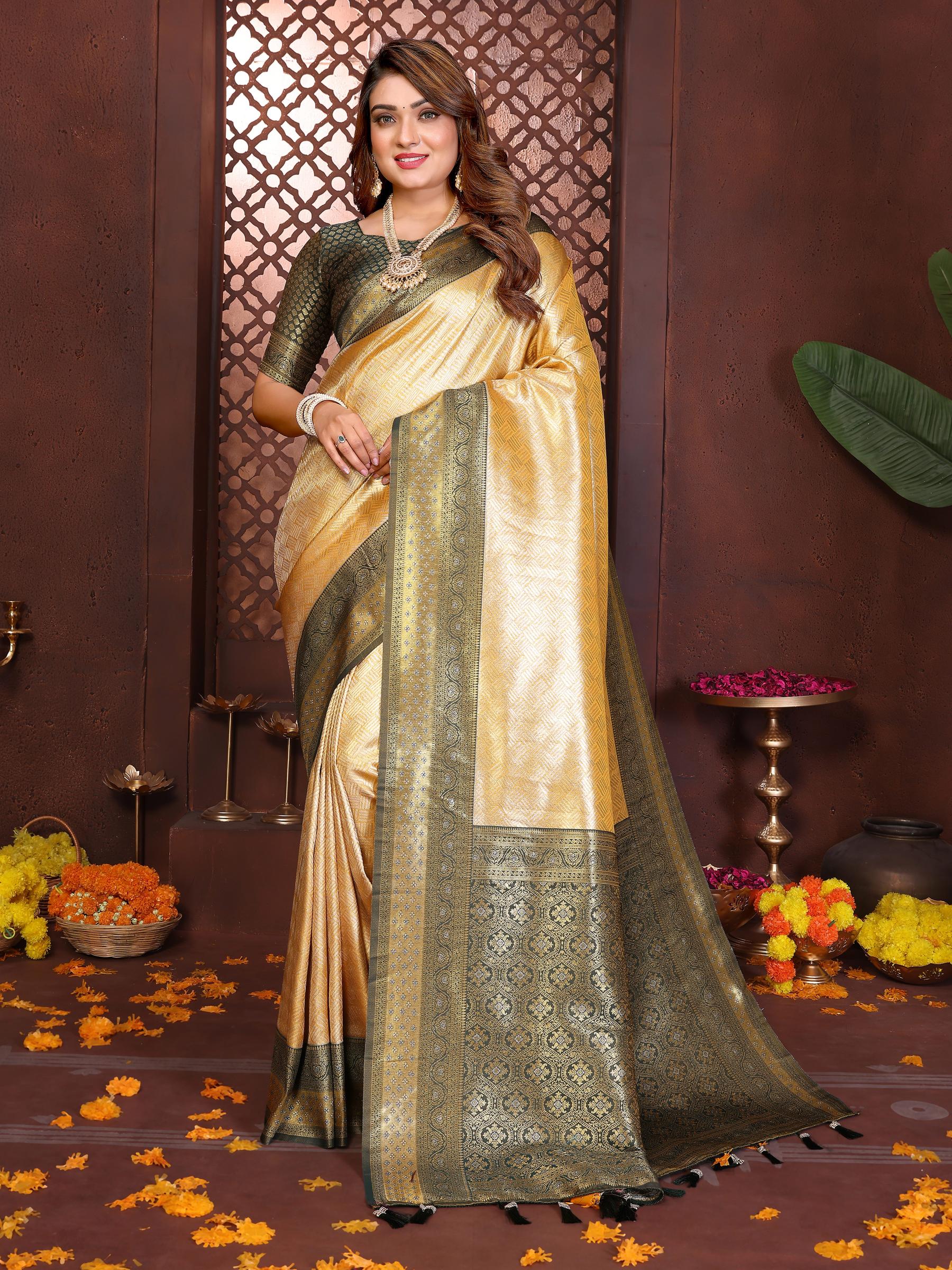 Yellow Green Jacquard Woven Banarasi Tissue Silk Saree