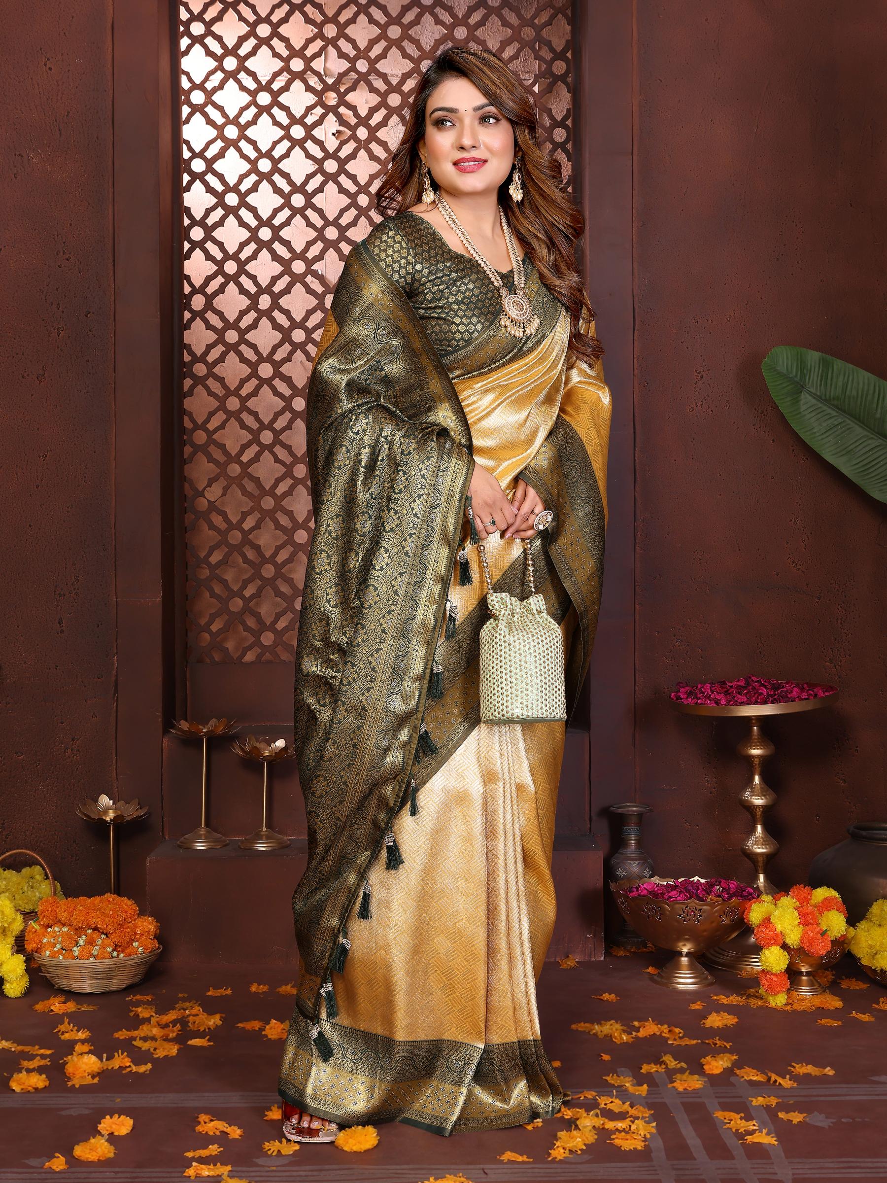 Yellow Green Jacquard Woven Banarasi Tissue Silk Saree