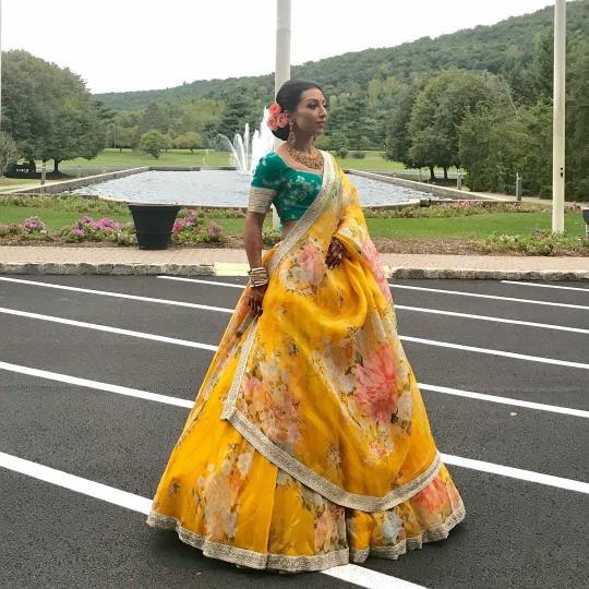 Yellow Green Khadi Organza Lehenga Choli